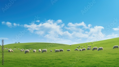a herd of sheep grazing on a lush green hillside under a blue sky with wispy clouds in the background.