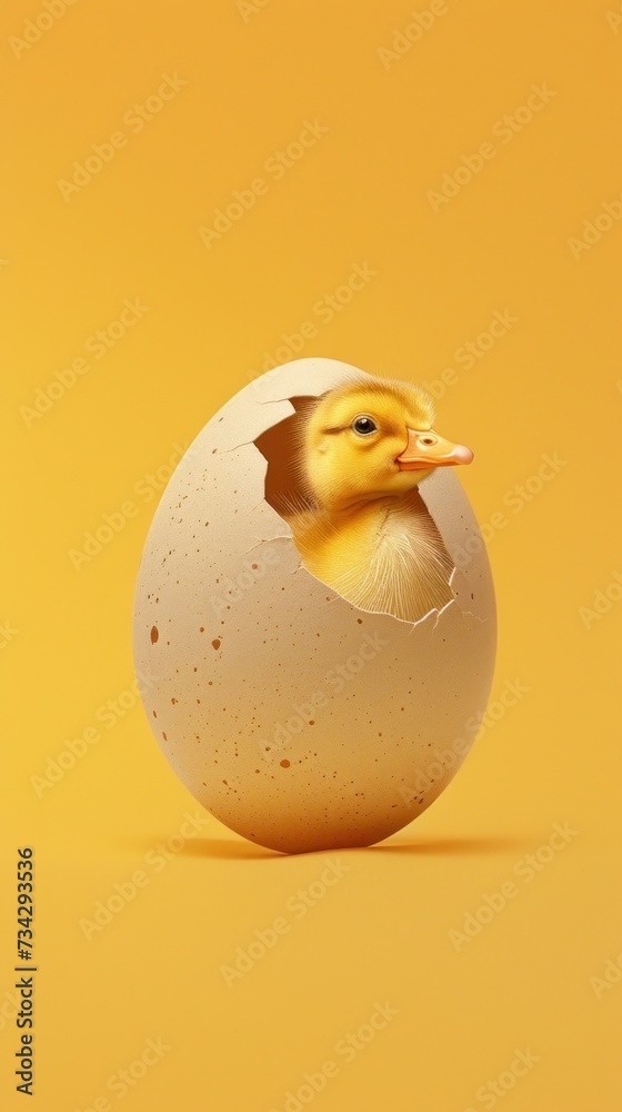 A cute duckling emerges from its egg on a bright yellow background. A cute duckling emerges from its egg on a bright yellow background.