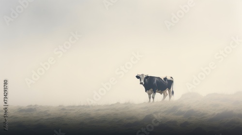 a black and white cow standing on top of a grass covered hill with a foggy sky in the background.