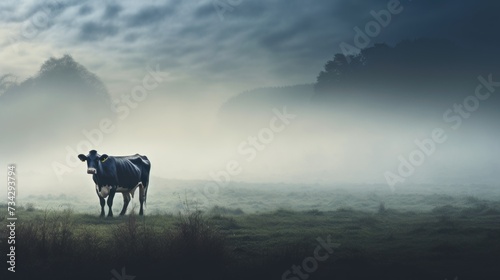 a cow standing in the middle of a field in the middle of a foggy day with trees in the background. © Olga
