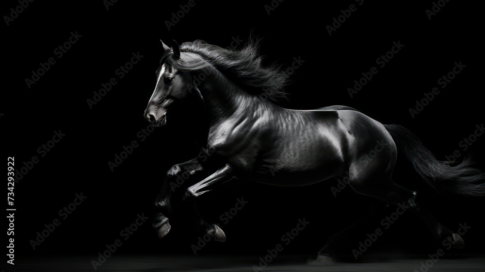 a black and white photo of a horse galloping in the dark with it's hair blowing in the wind. - obrazy, fototapety, plakaty 