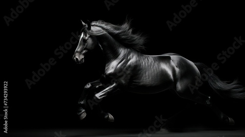 a black and white photo of a horse galloping in the dark with it's hair blowing in the wind. © Olga