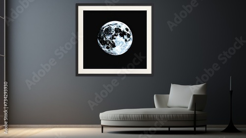 a living room with a white chair and a black and white picture of the moon on the wall above it. photo