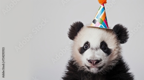 Panda cub with birthday hat, white background generative ai