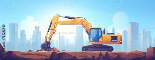 A big yellow excavator is seen on a construction site in the city.