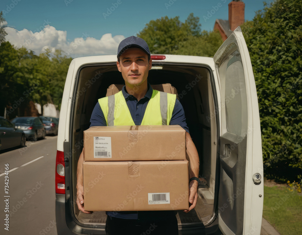 A courier carrying a package for home delivery A courier carrying a package for home delivery