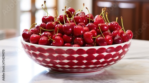 a bowl full of cherries sitting on a kitchen counter next to a knife and a bowl of cherries. photo