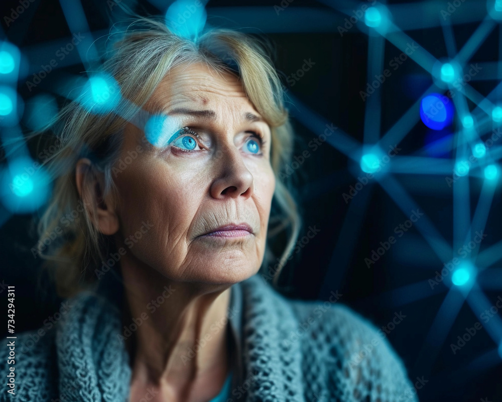 older woman looking at data network concept idea for cyber security or identity theft or IT jobs, generated by AI older woman looking at data network concept idea for cyber security or identity theft or IT jobs, generated by AI