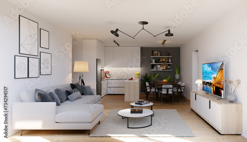 3D rendering of small apartment living room with open kitchen and dining table designed in modern style © Miroslav Posavec