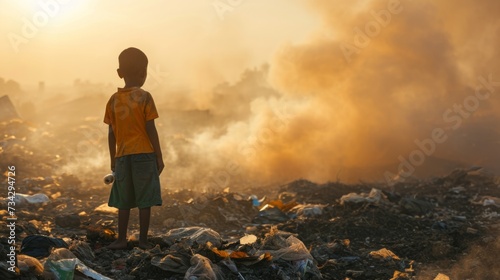 Low-income boy in the middle of a garbage dump, looking for a livelihood generative ai