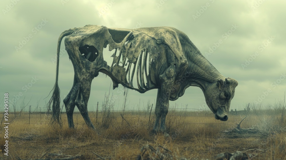Fototapeta premium a large animal skeleton standing on top of a dry grass field in the middle of a dry grass covered field.