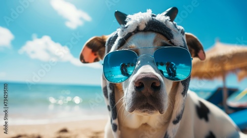 dog dressed as a cow and sunglasses, with a sunny beach background, generative ai © Francheska