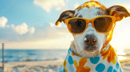 dog dressed as a cow and sunglasses, with a sunny beach background, generative ai © Francheska