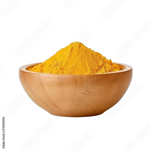 pile of finely dry organic fresh raw cassia powder in wooden bowl png isolated on white background. bright colored of herbal, spice or seasoning recipes clipping path. selective focus