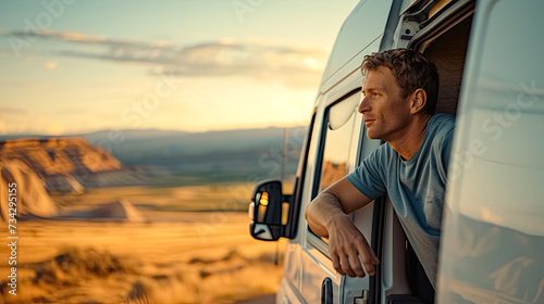Man looks through the Campvan window, on the road