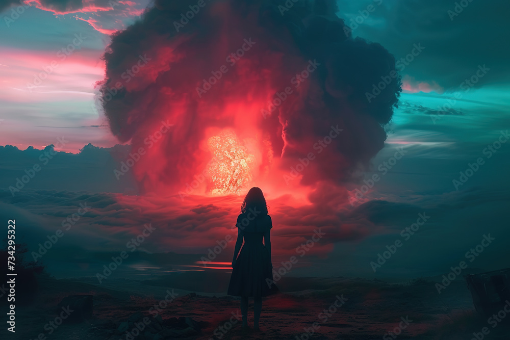 Fototapeta premium Woman stands in front of a nuclear explosion. Atomic bomb