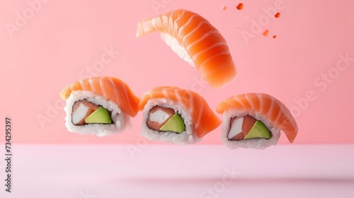a piece of sushi with avocado and a piece of sushi on the side on a pink background.