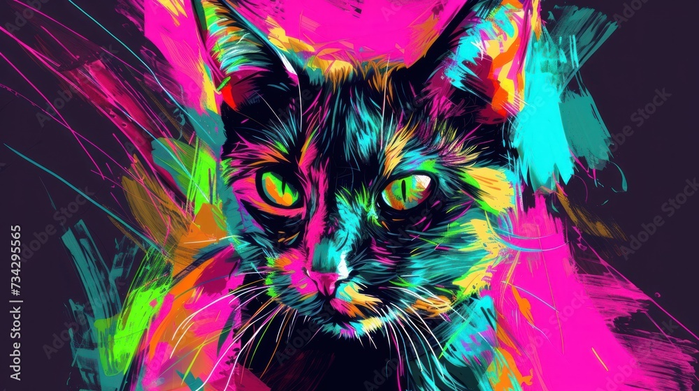 a close up of a cat on a black background with multicolored paint splattered on it's face.
