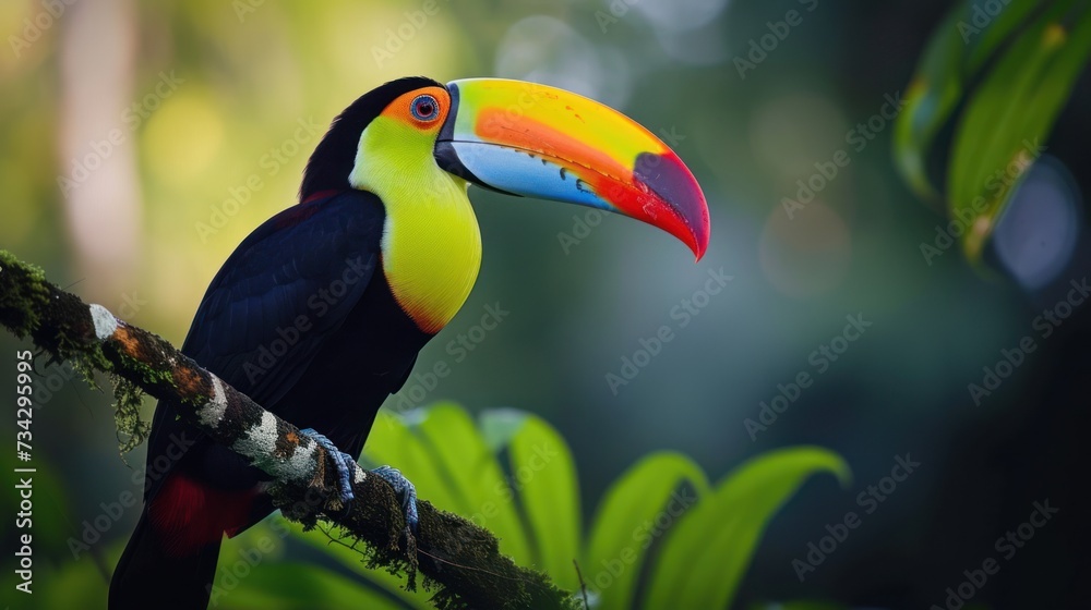 Obraz premium a colorful toucan sitting on a branch in a tree with lots of green leaves and a blurry background.