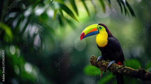 a toucan sitting on a tree branch in the rain with a bright colored toucan on it's head.