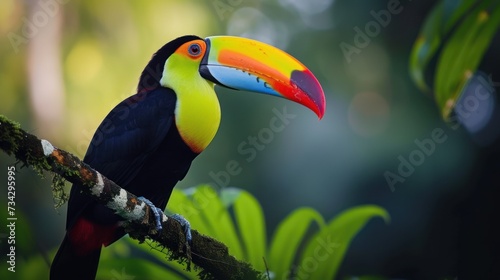 a colorful toucan sitting on a branch in a tree with lots of green leaves and a blurry background.