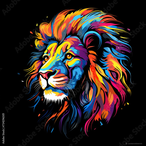 Colorful Lion head abstract trophical graffiti , cartoon style,black background. Generative Ai photo
