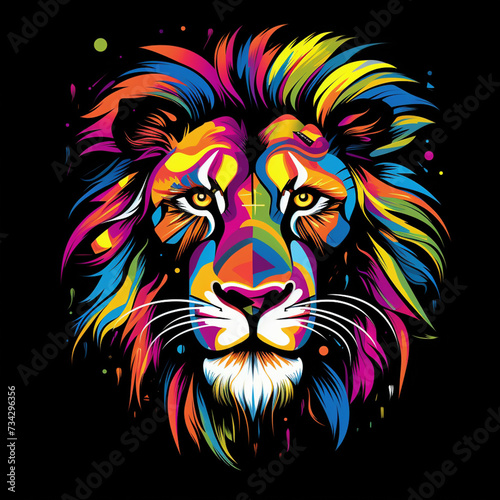Colorful Lion head abstract trophical graffiti   cartoon style black background. Generative Ai