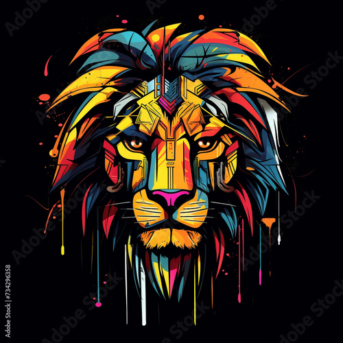 wise expression abstract trophical graffiti lion,black background,cartoon style. Generative Ai photo