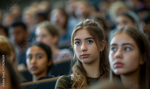 Diverse caucasian students attentively listening to the lecturer in college or university in lecture hall with one person young girl in focus looking at camera