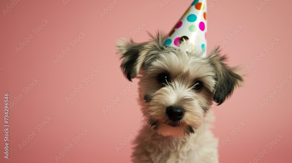 Puppy with birthday hat, pink background, generative ai