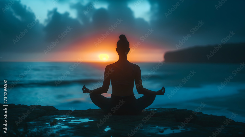 Silhouette of a woman meditating on the beach at sunset, sitting cross-legged in a yoga pose on a rock by the water