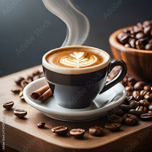 Realistic illustration of the cup of coffee with beans and cinnamon on the in the saucer