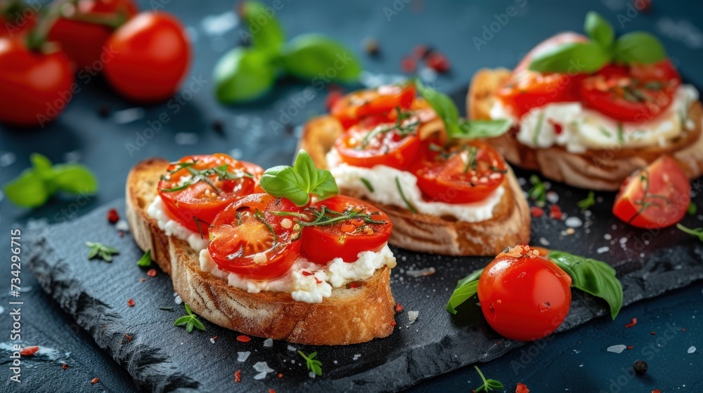 a close up of a piece of bread with tomatoes on top of it and basil sprigs on the side.