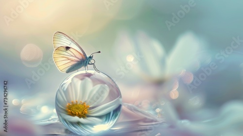 a butterfly sitting on top of a glass ball with a flower in the middle of the glass ball on the ground.