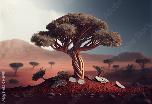money tree with coin over with symbols of growth and finance, tree in the desert, conceptual imagery of financial concepts, money, coin and tree. Generative AI