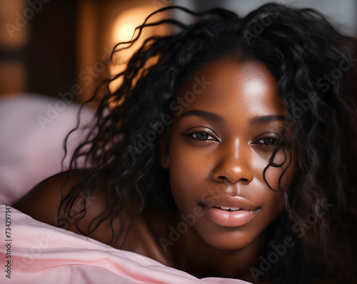 Close up portrait of a black woman in bed with suggestive pleasure expression on her face