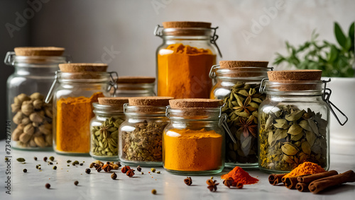 many different dry spices in glass jars in the kitchen vintage