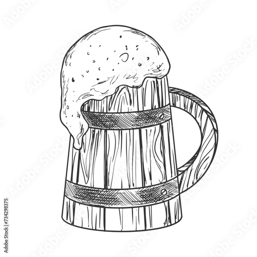 Wooden beer mug. Sketch style beer with foam. Wooden tankard on white background. Engraved style vector illustration.