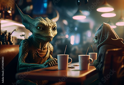 Aliens in cafe, mystical creatures, generated ai. Generative AI photo