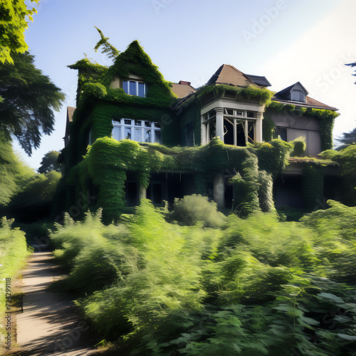 Forgotten Mansion Boarded Windows, Overgrown Ivy