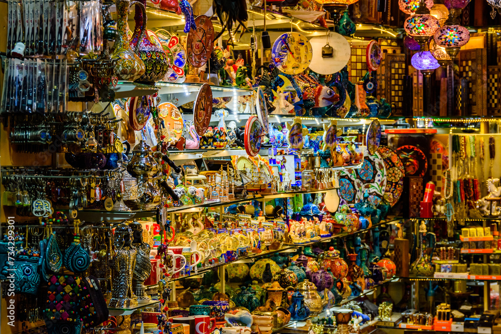 Many colorful souvenirs for sale at the bazaar in Turkey