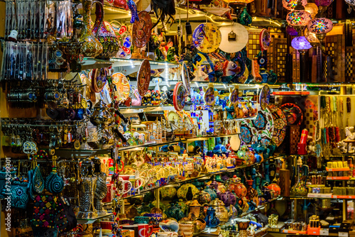 Many colorful souvenirs for sale at the bazaar in Turkey
