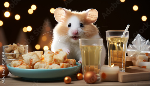 Cute animal sits at table, enjoying sweet food and wine generated by AI
