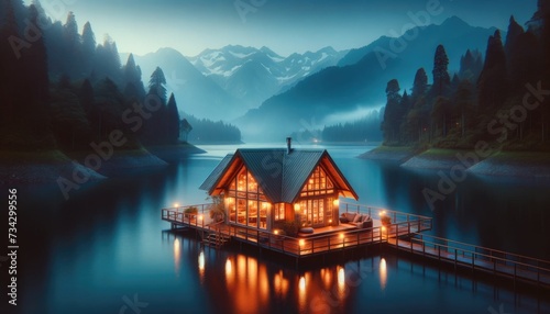 A wooden cottage located at the shore of Millstaetter lake in Austria. The lake is surrounded by high Alps. Calm surface of the lake reflecting the mountains.Golden hour. Calmness and serenity