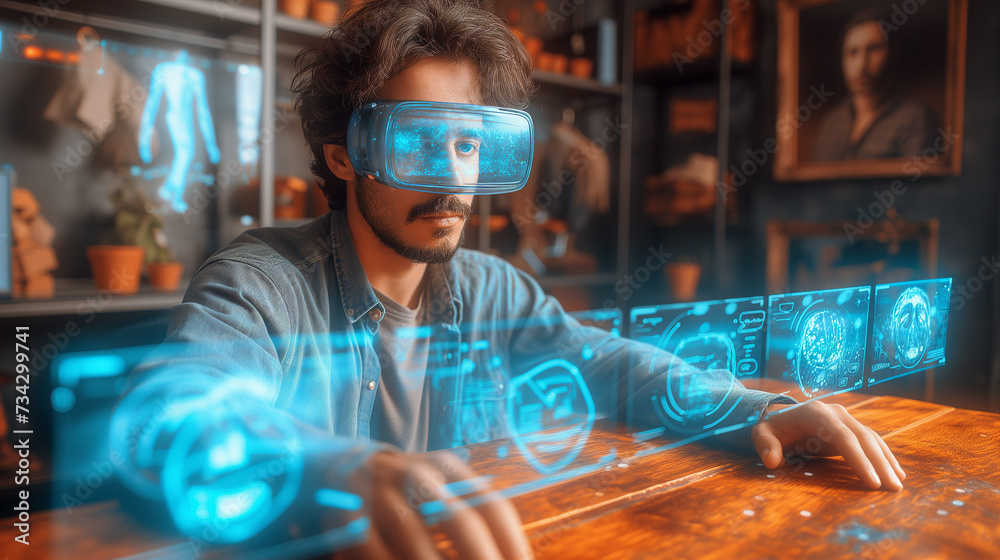 Obraz premium Business man in VR headset examines virtual corporate strategy at modern office