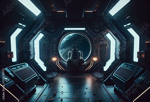 Spaceship interior, dark futuristic entrance, generative AI photo