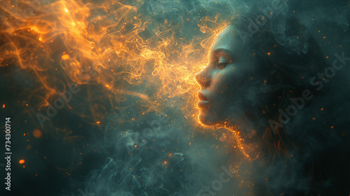 Portrait of a woman surrounded by fog and strips of light in dissolution, symbolic for positive as networking and digital interaction or negative, symbolic for neuronal diseases that damage the brain 