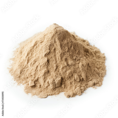 close up pile of finely dry organic fresh raw kava root powder isolated on white background. bright colored heaps of herbal, spice or seasoning recipes clipping path. selective focus