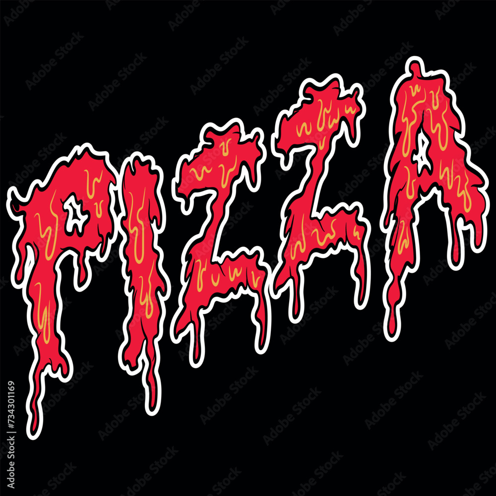 Obraz premium illustration of pizza text with the effect of the cheese melting bright and attractive colors in white outline to enhance it