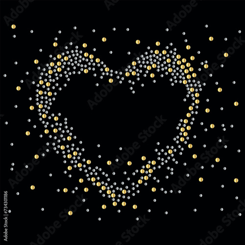 Heart in silver and gold rhinestones, with sparkles in different areas, fashionable design for all types of occasions, text on attractive background.